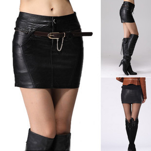 PU short skirt bust skirt slim hip skirt leather skirt female with belt