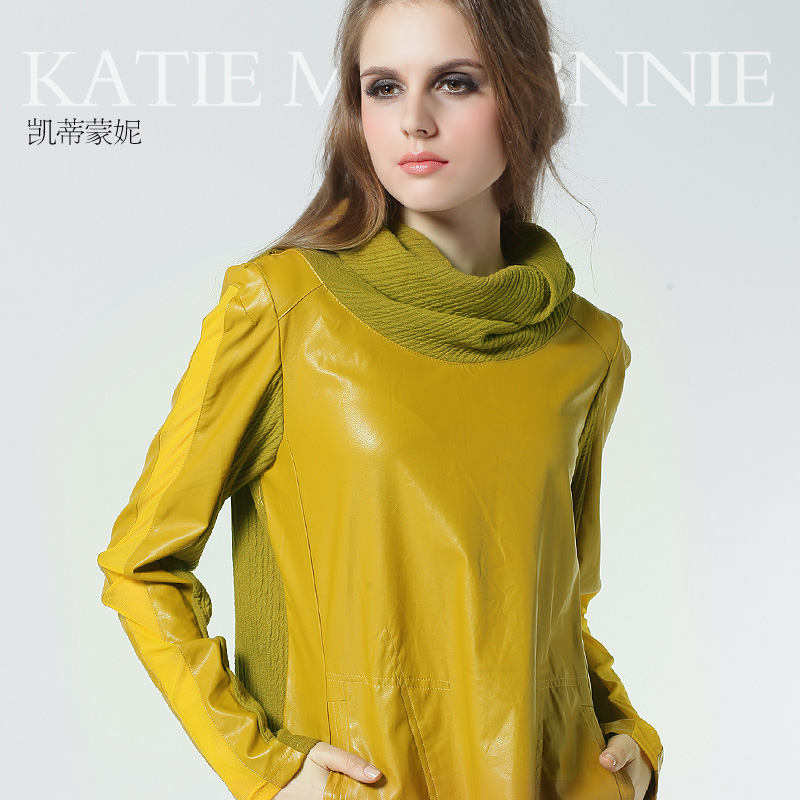 PU skirt water washed leather long-sleeve dress faux two piece autumn and winter gauze heap turtleneck fashion women's