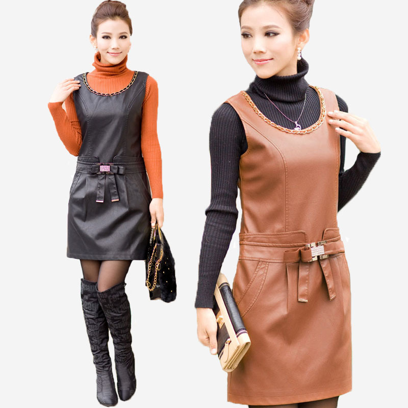 PU tank dress 2012 autumn and winter o-neck sleeveless vest leather skirt slim PU one-piece dress