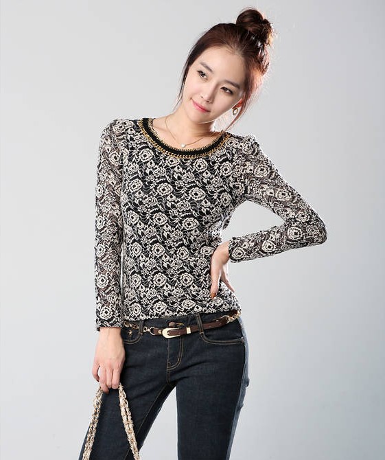 Puff sleeve o-neck slim 2013 autumn basic shirt female long-sleeve T-shirt low collar basic shirt lace