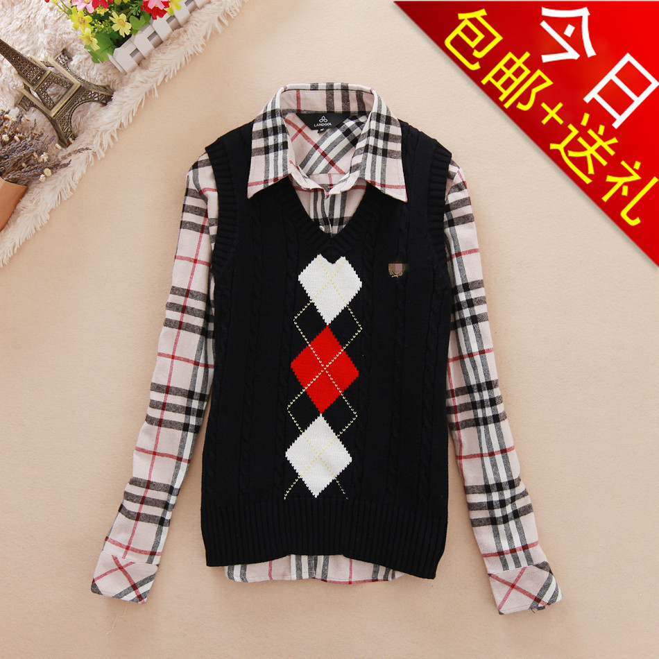 Pullover preppy style female V-neck plaid sweater vest wool waistcoat