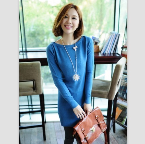 Pullover sweater female bow all-match slit neckline medium-long slim hip sweater basic shirt