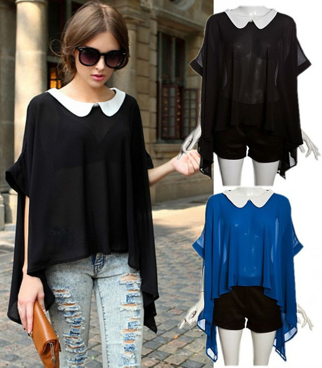 Punk Colorblock Asymmetric Collared Oversized Slouchy Cute Sexy Top Shirt Blouse Free Shipping Wholesale