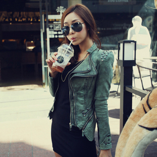 Punk motorcycle short design top turn-down collar patchwork slim denim coat female spring and autumn clothes wholesale free ship