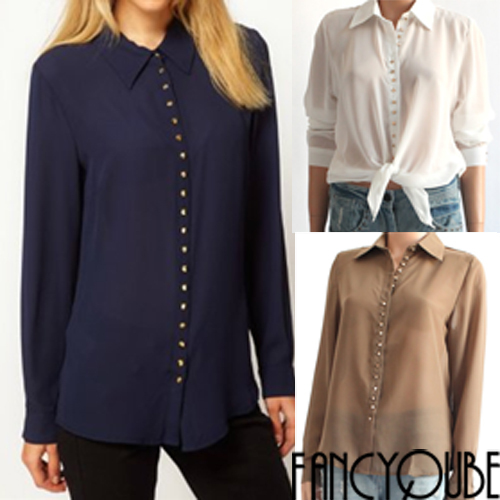 Punk Rock Studs Button Solid Color See Through Chiffon Blouse Shirt WF-3653