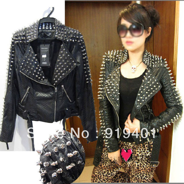 Punk Strong Spike Rivet Studded Shoulder Snake Pattern PU Leather Jacket Coat Free Shipping