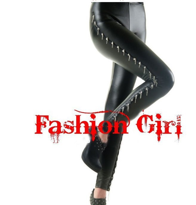 Punk wind inferior smooth imitation leather side metal chain tight pants nine points backing pants