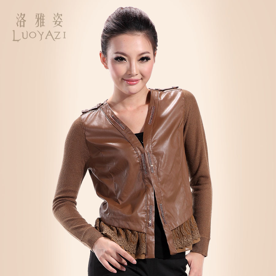 Pure 2013 spring women's patchwork leather clothing outerwear sweater outerwear female cardigan sweater