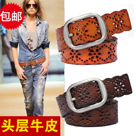 Pure first layer of cowhide women's strap genuine leather strap cutout fashion wide belt female