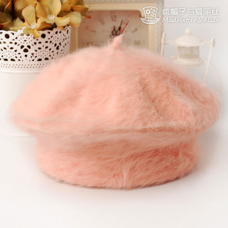 Pure rabbit fur solid color beret painter cap autumn and winter female