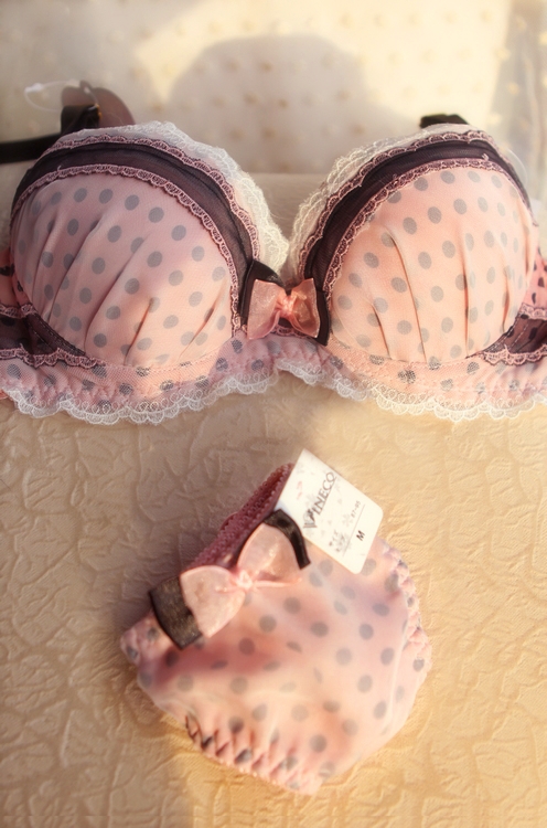 Pure sweet pink polka dot bow lace underwear push up set pink