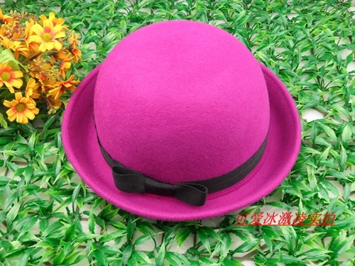 Pure wool belt bow decoration dome fedoras round cap vintage style female woolen hat
