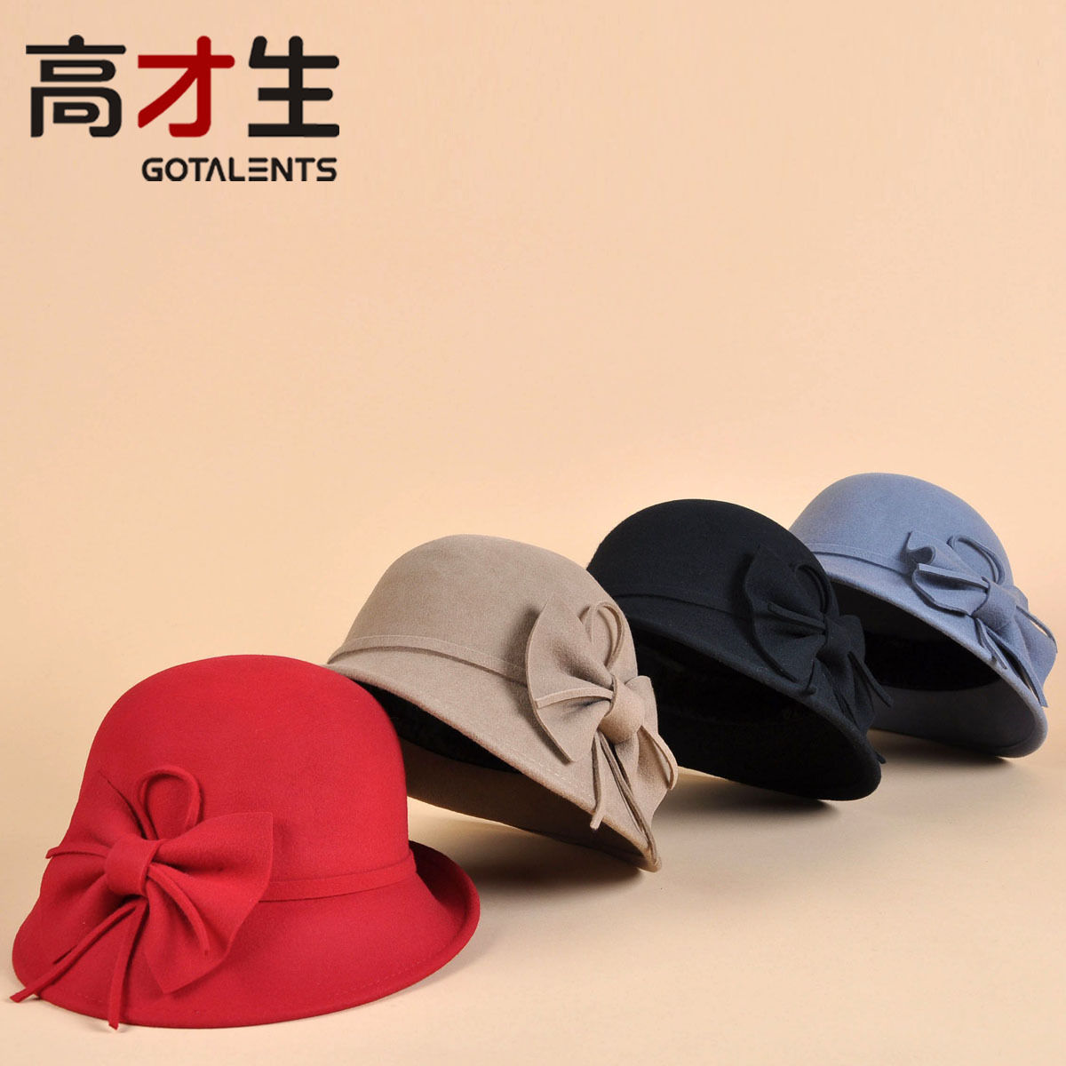 Pure woolen fedoras dome autumn and winter bucket hats female hat bow roll-up hem fashion wool hat