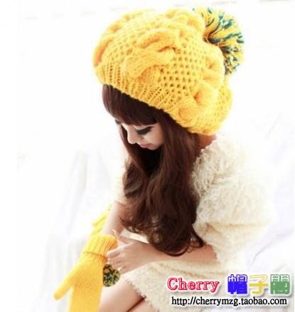 Pure yellow sweet women's thickening knitted hat fashion personality twist ripple of the autumn and winter handmade knitted hat