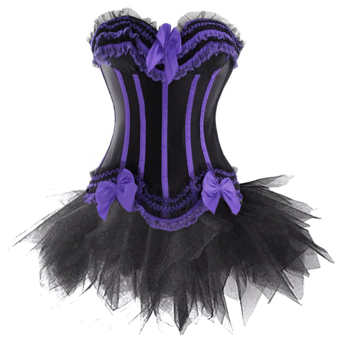 Purple & black stripe satin lace up boned  Burlesque corset bustier+TUTU Skirt   S-2XL