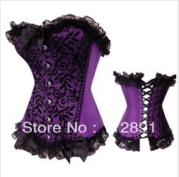 Purple lace overlay lace up boned basque corset busiter S-2XL M0236