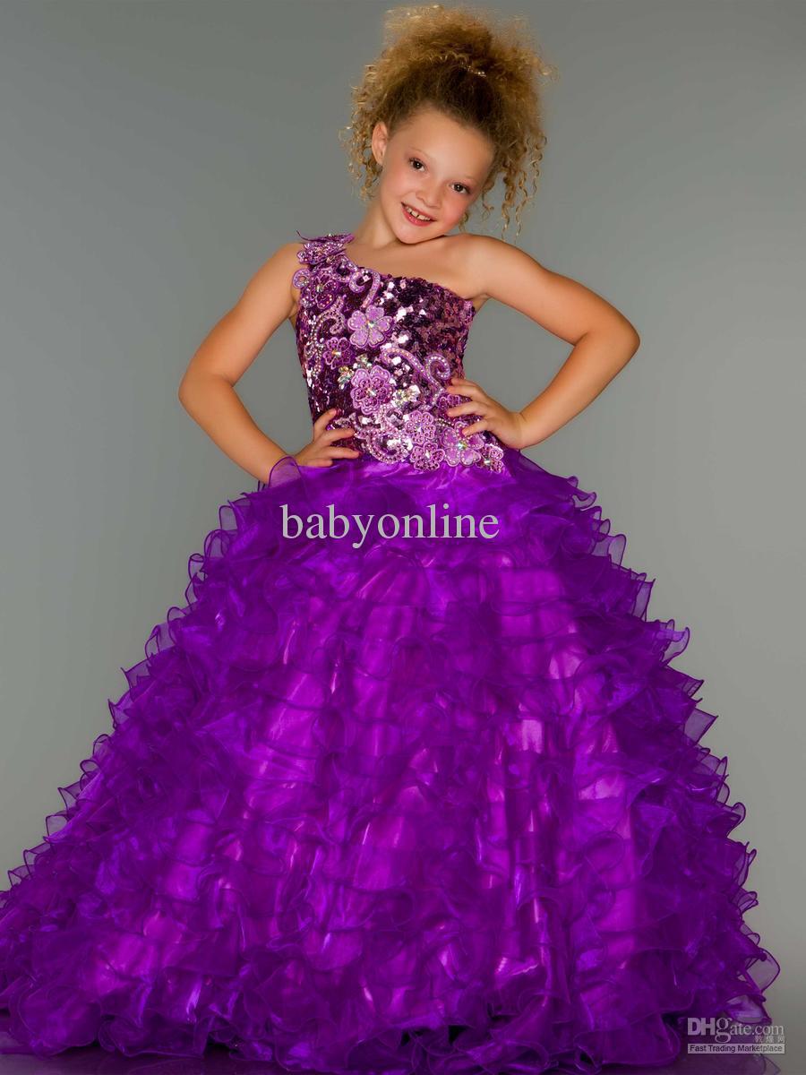 Purple Organza One Shoulder Sequins bodice ball gown Pageant Girl's dresses Flower Girl Dress