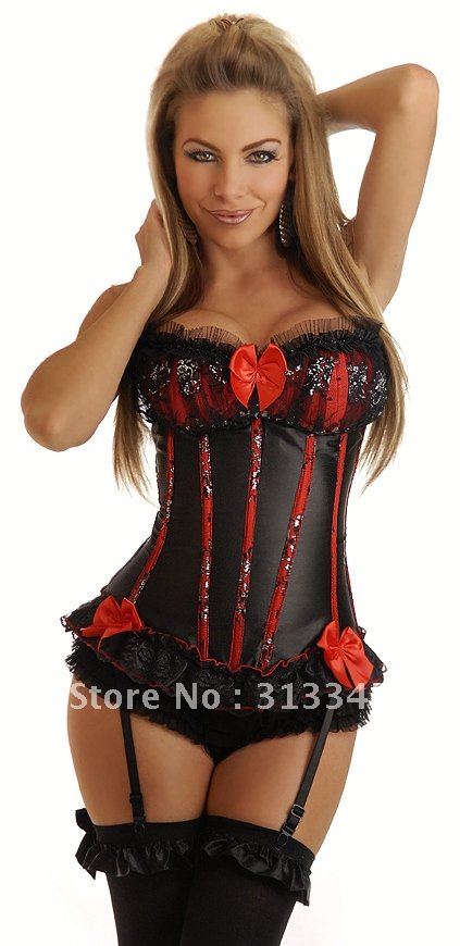 Purple Red Green Mini bowknot Lace Edge corset Overbust Corsets with G-string women shaper body thin bustier free shipping 301