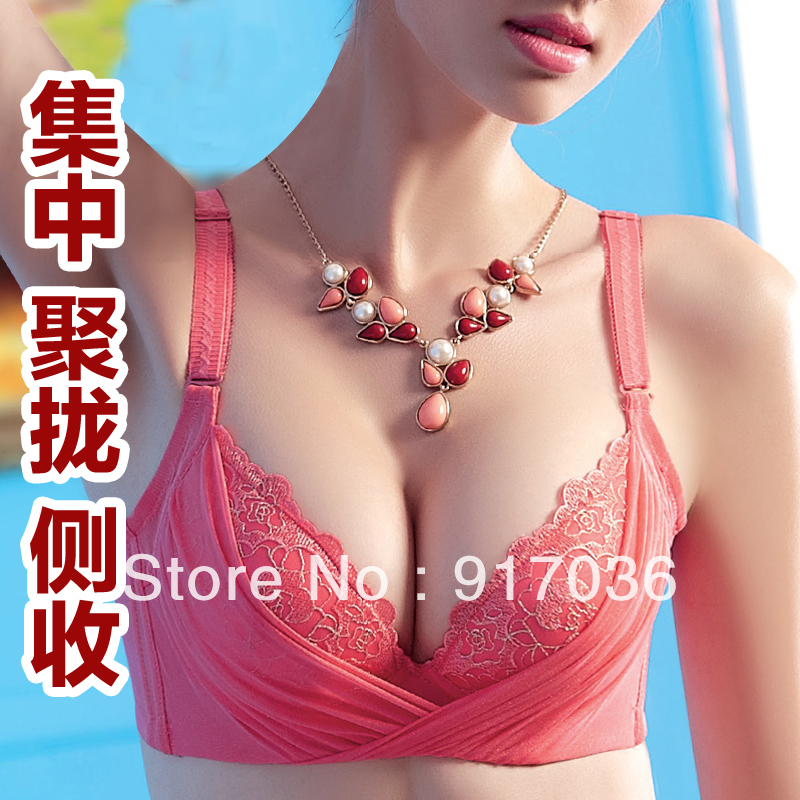 Push up adjustable side gathering centralized bra set women's thickening red deep V-neck sexy 3 breasted underwear