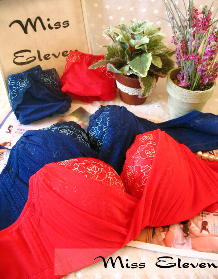 Push up red blue side gathering embroidered 3 breasted underwear bra set