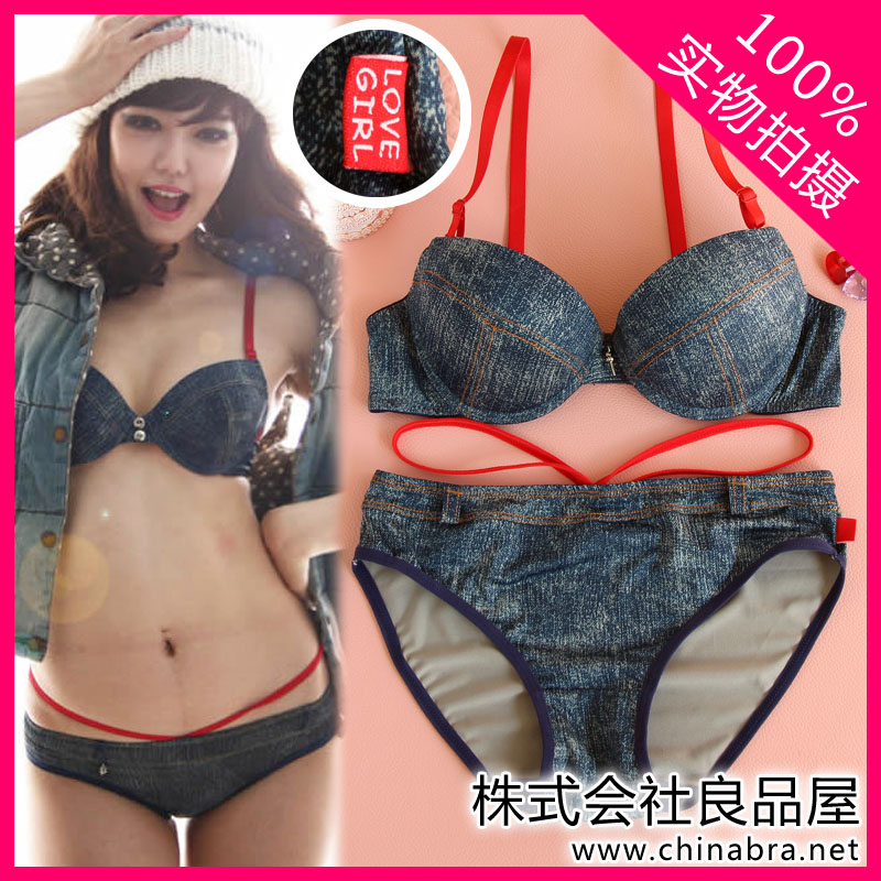 Push up thin denim blue bra set sexy push up red tape underwear set