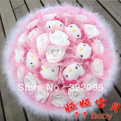 Q246 7 cute kitty cartoon bouquet of 18 white roses dried flowers free shipping