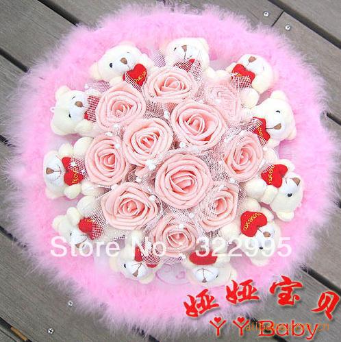 Q247 11 rose 11 hold Heart Bear Cartoon Bouquet dried flowers natural crafts