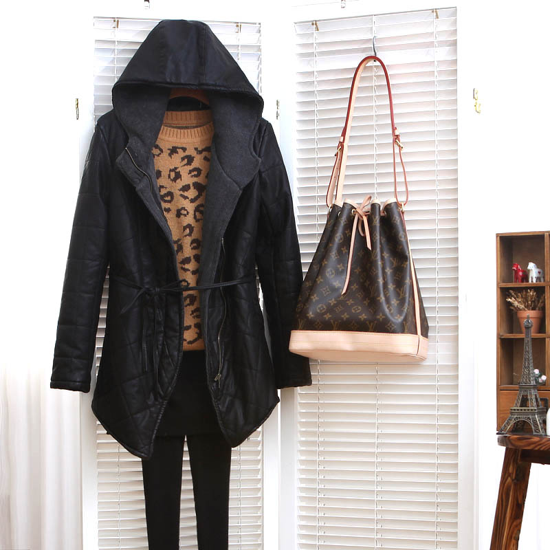 Q30059 2012 female fashion ol slim medium-long leather clothing wadded jacket cotton-padded jacket with a hood outerwear s3