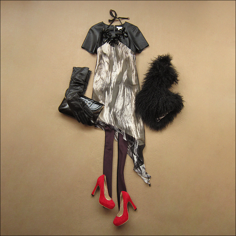 Q9551 ink black leather o-neck short-sleeve silk dress