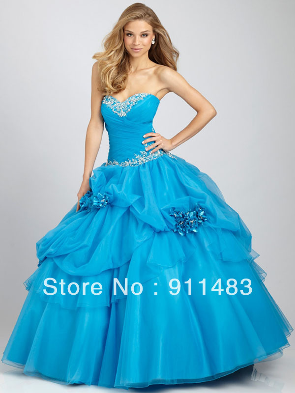 QC002  Free Shipping Floor Length Corset Back Sweetheart neckline Blue Organza Flowers Ball Gown Quinceanera Dress