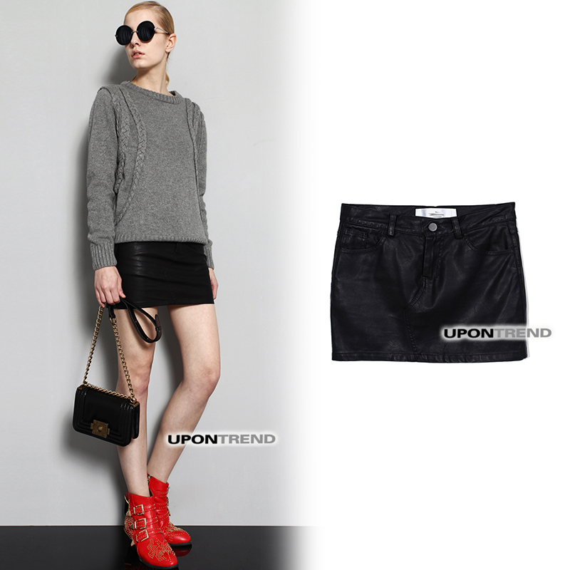 Qd0186 2013 punk black step slim hip leather short skirt