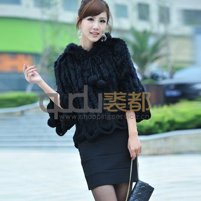 QD10938 Lady Fashion Genuine Rabbit Fur Poncho with sleeve charm lovely sweater /Free shipping