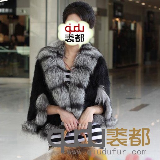 QD6176 Fashion Genuine Knitted Mink Fur Cape with Silver Fox Fur Trim  Retail  Wholesale  OEM  Hot selling  Hot style