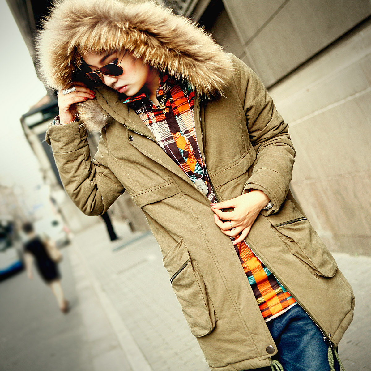 Qhon2012 autumn slim medium-long large fur collar hooded thickening clothes wadded jacket loose