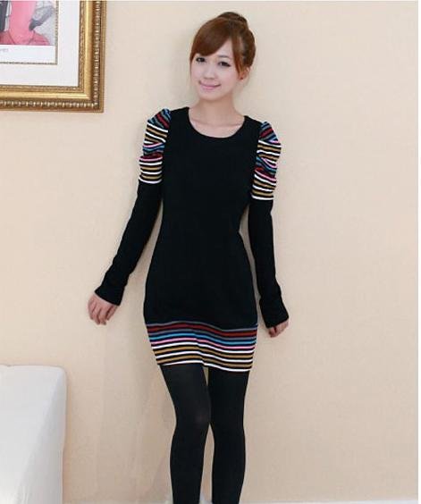 Qian Yi 1156 black color striped dress,free shipping L,XL/XXL/XXXL size dress, promotion ladies autumn long dress