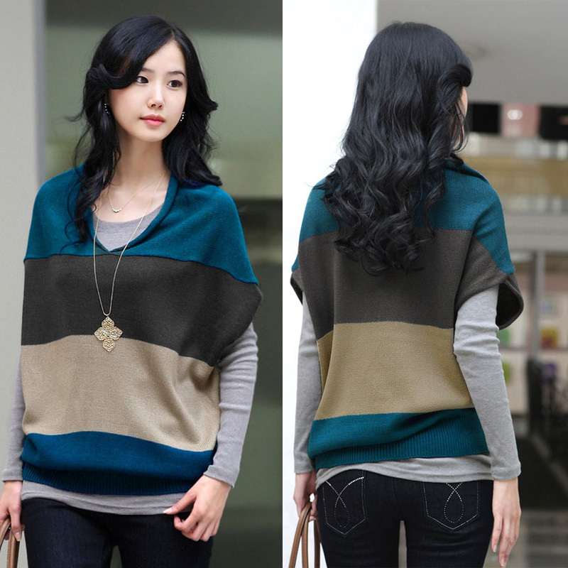 qin) 2013 spring sweater women's V-neck plus size loose stripe batwing shirt pullover sleeveless top