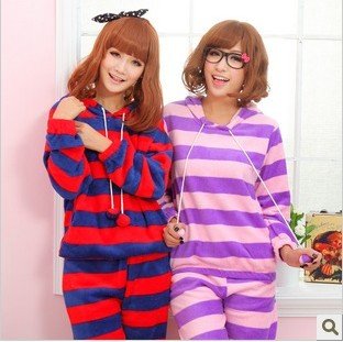 Qiu dong Christmas warm thickening household to take the long sleeve lovely striped coral flocking pyjamas sets