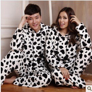 Qiu dong couple coral fleece pajamas hooded cows leisure wear suit