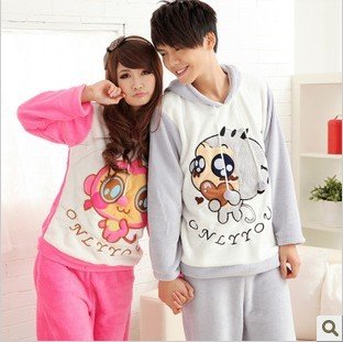 Qiu dong lovely couple coral flocking pajamas men and women thick cartoon even hat suit household to take
