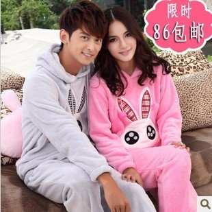 Qiu dong pajamas coral fleece leisure wear thick men and women of lovely rabbit long sleeve couple pajamas suit