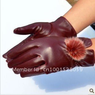 Qiu dong season lady hair bulb PU leather fashion lovely warm riding a bicycle gloves