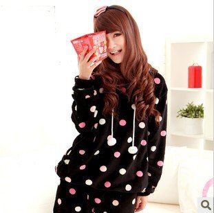 Qiu dong season lovely lady long-sleeve suit hooded dot leisure wear upset coral fleece pajamas