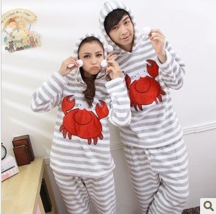 Qiu dong stripe thickening coral flocking lovers pajamas men and women cartoon household to take