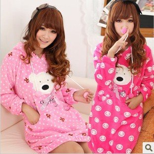 Qiu dong thickening coral flocking leisurewear bear bowknot sweet even cap nightgown