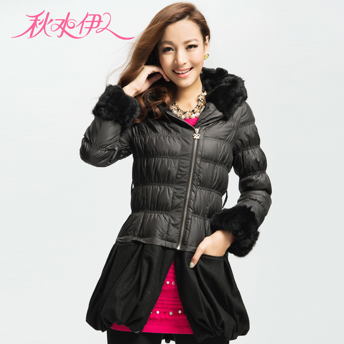 QIUSHUIYIREN 2012 winter elegant front fly fur patchwork white duck down slim outerwear down coat female