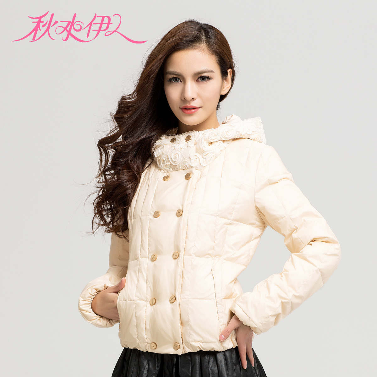 QIUSHUIYIREN 2012 winter lace patchwork with a hood short design fashion female down coat outerwear hot-selling