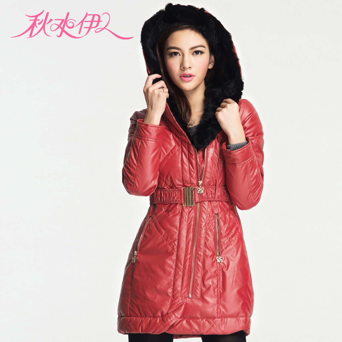 QIUSHUIYIREN 2012 winter women's big rabbit fur tie cap thickening slim down coat female medium-long