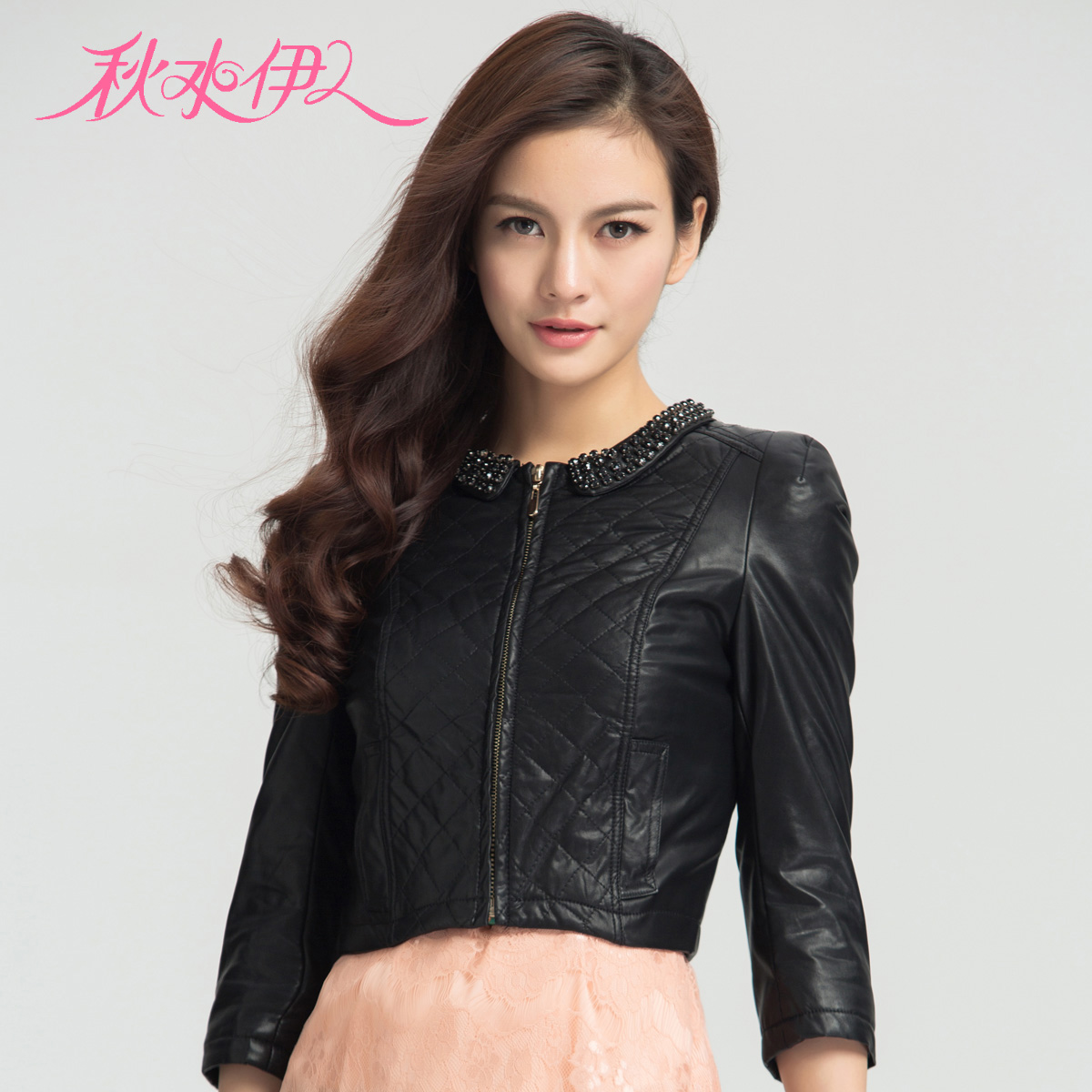 QIUSHUIYIREN 2013 spring ladies slim acrylic diamond decoration short sleeve design wrist-length PU cotton-padded jacket female