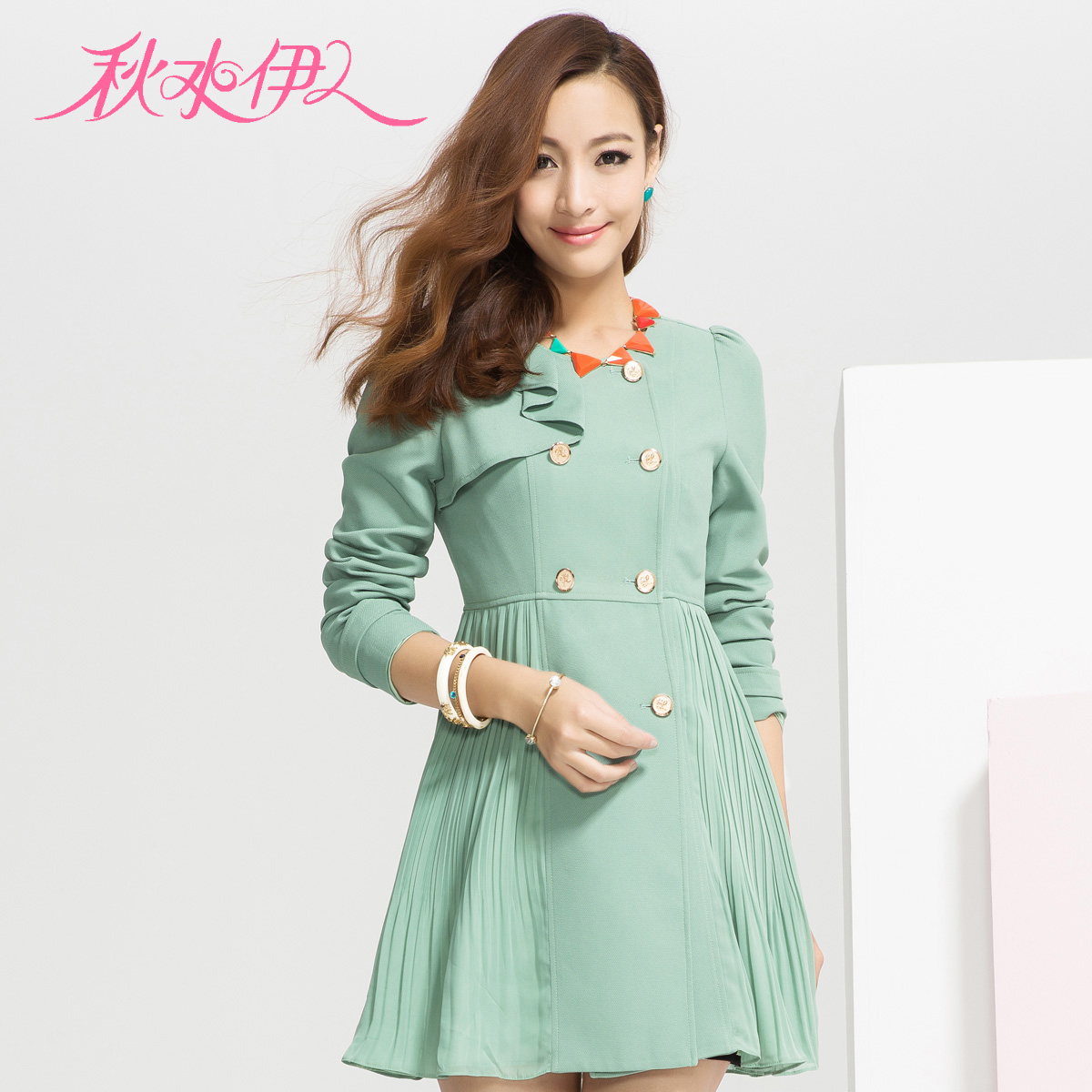 QIUSHUIYIREN 2013 spring new arrival elegant accordion patchwork double breasted slim trench