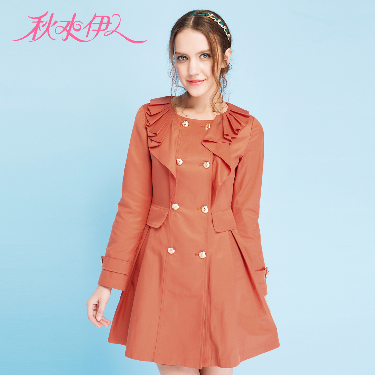 QIUSHUIYIREN 2013 spring new arrival romantic gentlewomen elegant ruffle double breasted slim long design overcoat outerwear